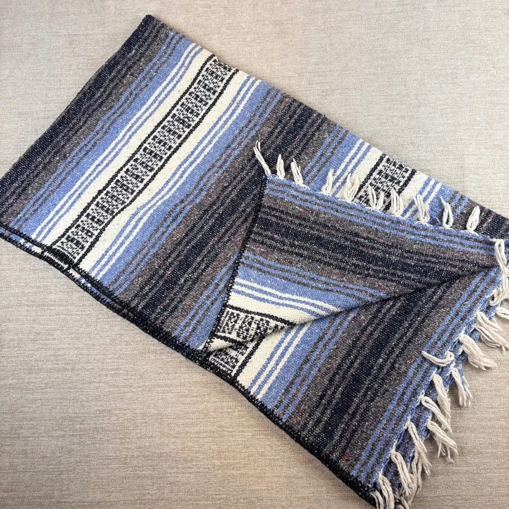 Mexican Serape Falsa Blanket Blue Gray White Striped Woven EUC Boho Western